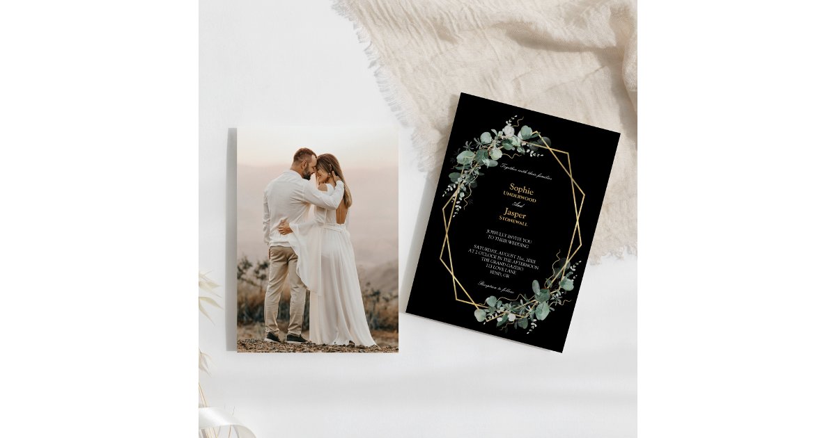 Greenery Gold Frame Simple Black Photo Wedding Invitation | Zazzle