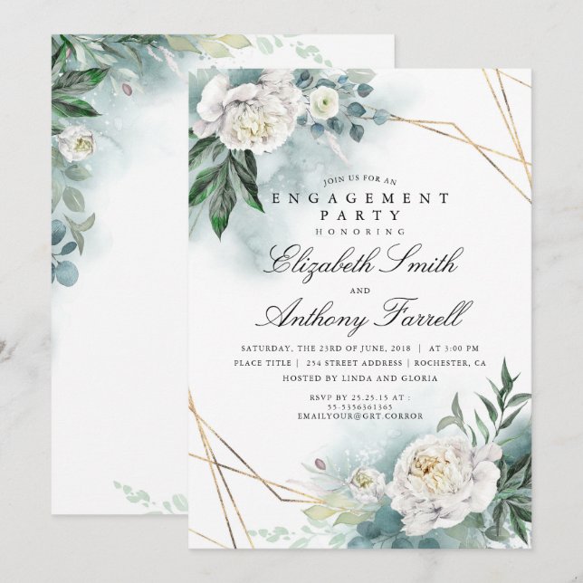 Greenery Gold Frame White Floral Engagement Party Invitation (Front/Back)