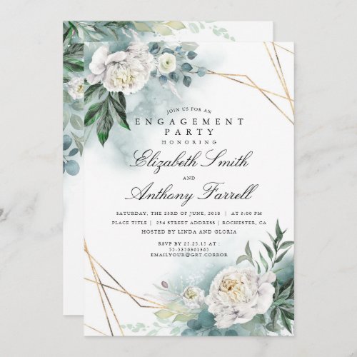 Greenery Gold Frame White Floral Engagement Party Invitation