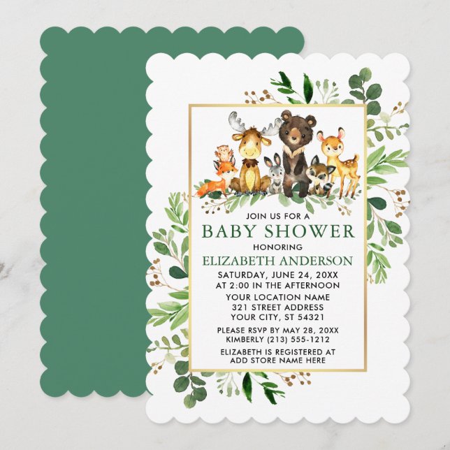Greenery Gold Frame Woodland Animals Baby Shower Invitation (Front/Back)