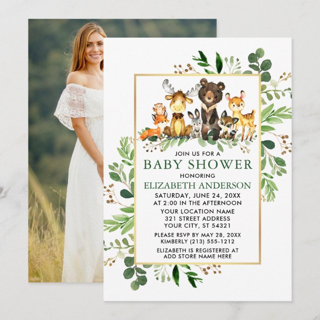 Greenery Gold Frame Woodland Animals Shower Photo Invitation (Front/Back)