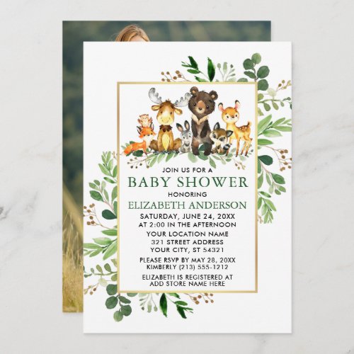 Greenery Gold Frame Woodland Animals Shower Photo Invitation