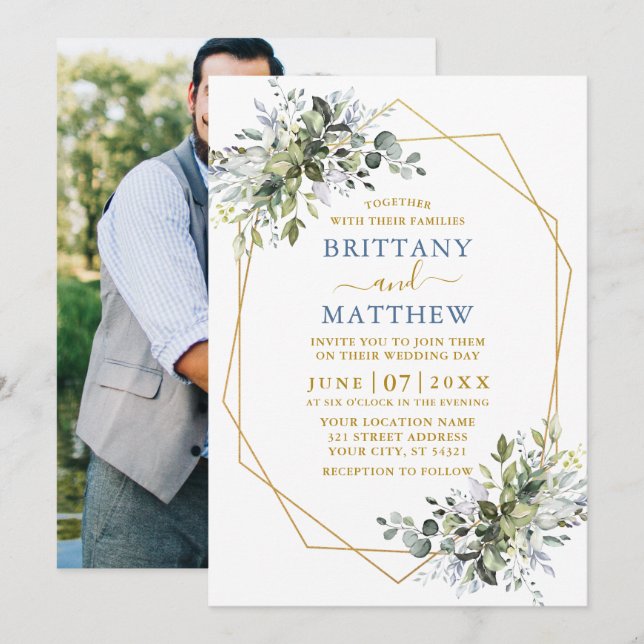 Greenery Gold Geo Frame Dusty Blue Photo Wedding Invitation (Front/Back)