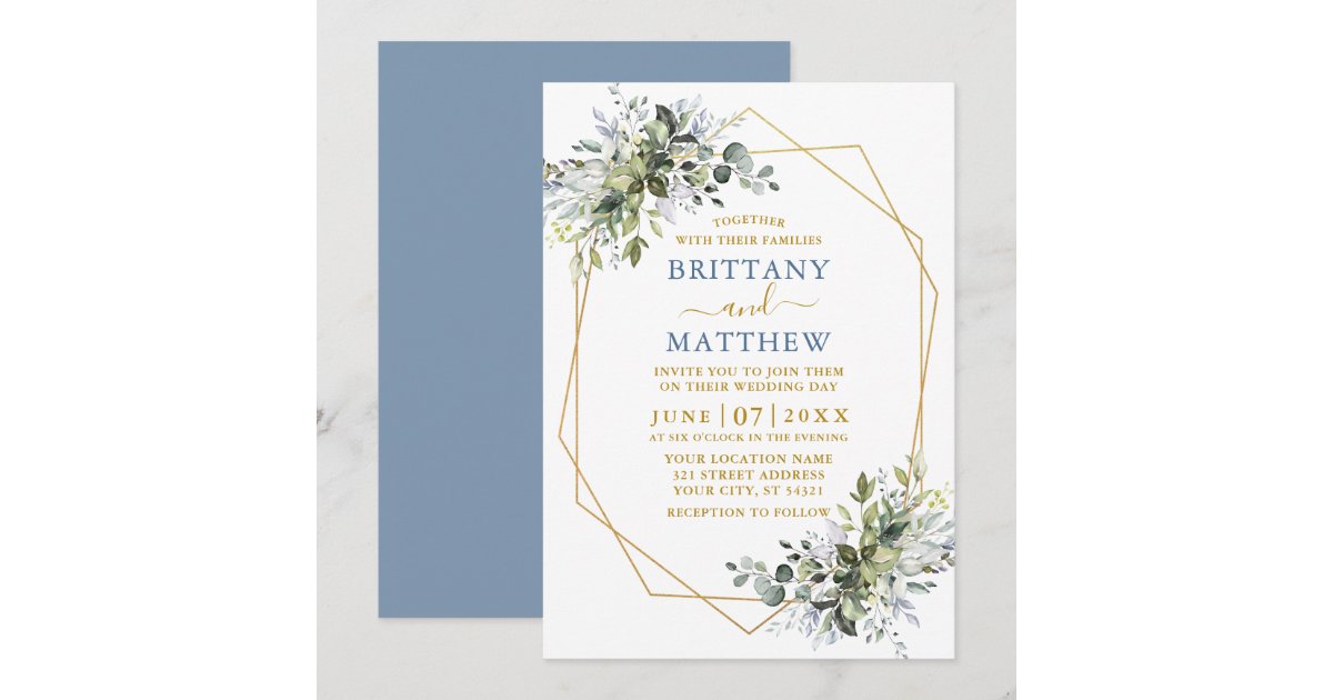 Greenery Gold Geo Frame Dusty Blue Wedding Invitation | Zazzle