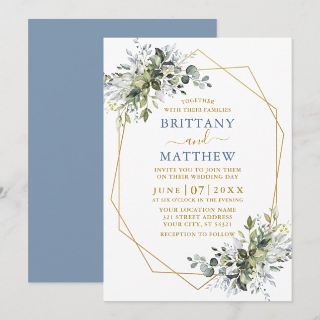 Greenery Gold Geo Frame Dusty Blue Wedding Invitation (Front/Back)
