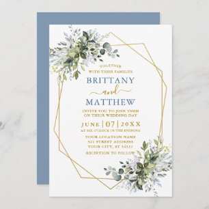 Greenery Gold Geo Frame Dusty Blue Wedding Invitation