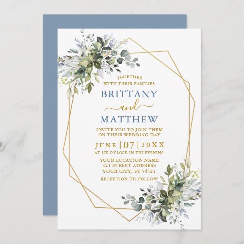 Greenery Gold Geo Frame Dusty Blue Wedding Invitation
