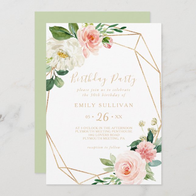 Greenery & Gold Geometric 30th Birthday Party Invitation (Front/Back)