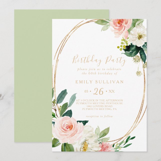 Greenery & Gold Geometric 60th Birthday Party Invitation (Front/Back)