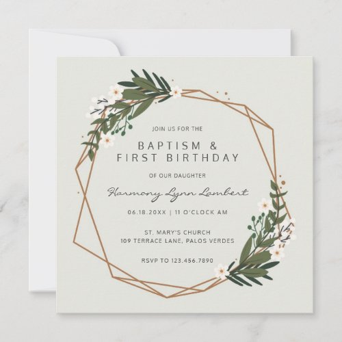 Greenery Gold Geometric Baptism First Birthday Invitation