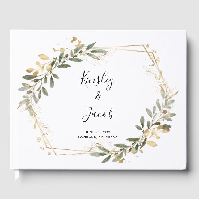 Greenery & Gold Geometric Boho Wedding Guest Book (Front)