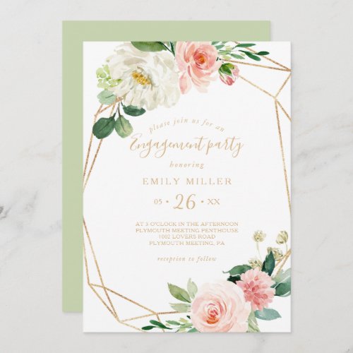 Greenery  Gold Geometric Elegant Engagement Party Invitation