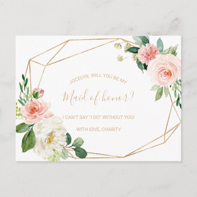 Greenery & Gold Geometric Elegant Maid of Honor Invitation Postcard (Front)
