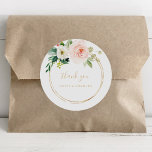 Greenery & Gold Geometric Elegant Thank You Favor Classic Round Sticker<br><div class="desc">These greenery & gold geometric elegant thank you favor classic round sticker are perfect for a rustic wedding. The design features lovely white, pink, and blush hand-painted roses and a touch of greenery, adorning gold geometric frames, inspiring artistic beauty. Make the sticker labels your own by including your names, the...</div>