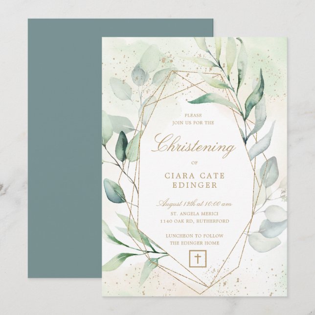 Greenery Gold Geometric Eucalyptus Christening Invitation (Front/Back)