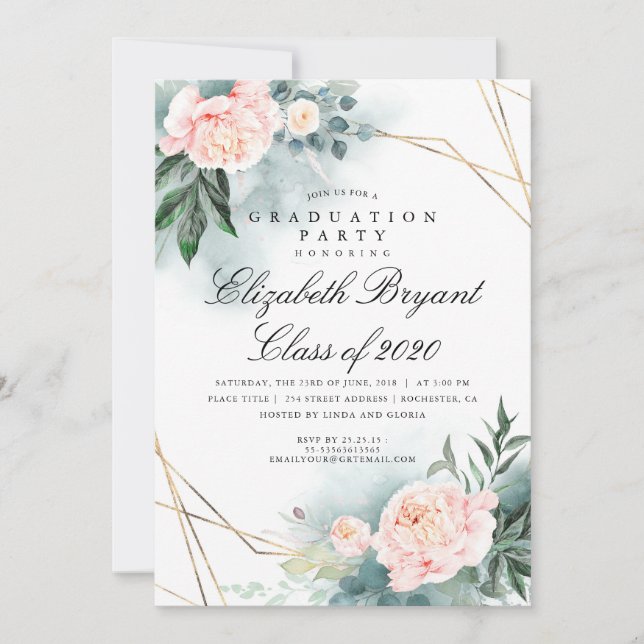 Greenery Gold Geometric Floral Graduation Party Invitation (Front)