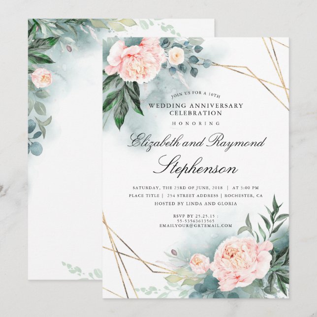 Greenery Gold Geometric Floral Wedding Anniversary Invitation (Front/Back)