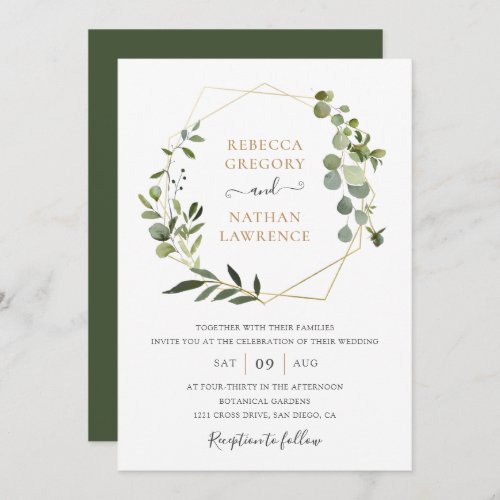 Greenery Gold Geometric Frame Elegant Wedding Invitation - This elegant and customizable Wedding Invitation features an geometric gold frame adorned with beautiful watercolor mixed greenery foliage & has been paired with a whimsical calligraphy and a classy serif font in gold and gray. To make advanced changes, please select "Click to customize further" option under Personalize this template.