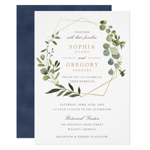 256425187719083227 Greenery Gold Geometric Frame Elegant Wedding Invitation