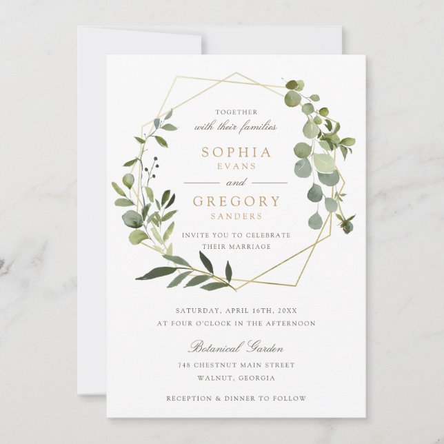 Greenery Gold Geometric Frame Elegant Wedding Invitation (Front)