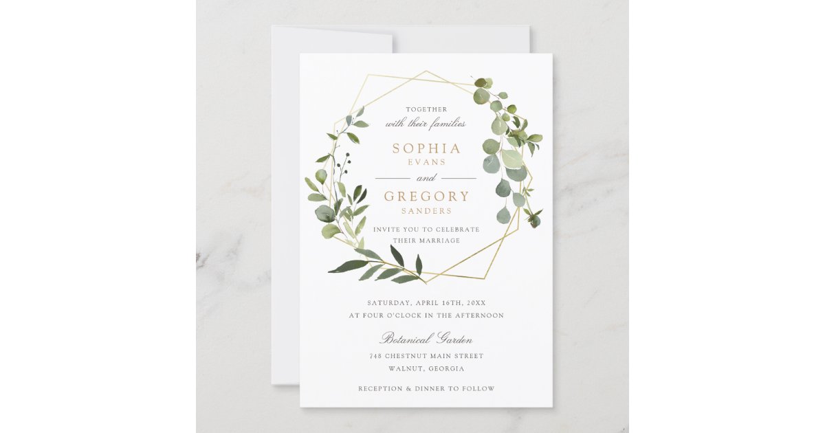 Greenery Gold Geometric Frame Elegant Wedding Invitation Zazzle