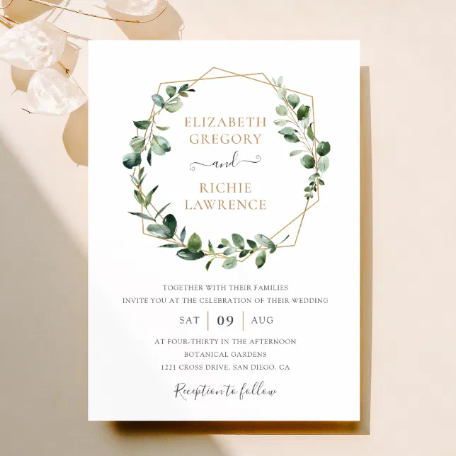 Greenery Gold Geometric Frame Elegant Wedding Invitation Zazzle 