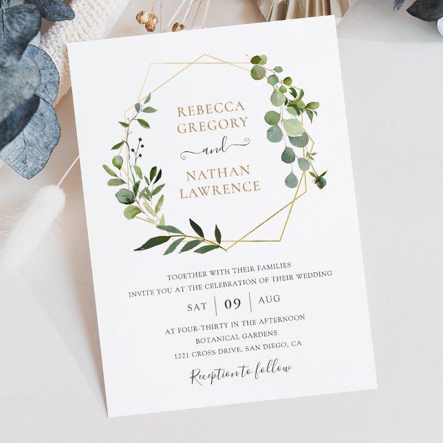 Greenery Gold Geometric Frame Elegant Wedding Invitation (Creator Uploaded)