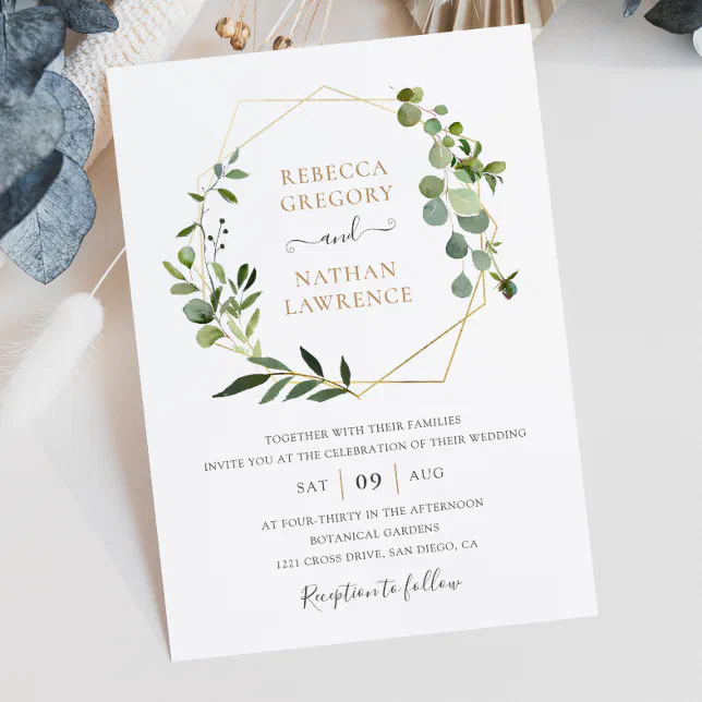 Greenery Gold Geometric Frame Elegant Wedding Invitation | Zazzle