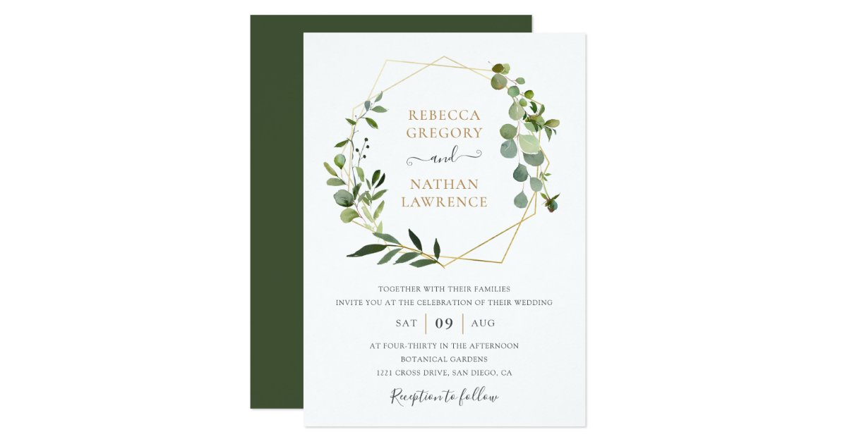 Greenery Gold Geometric Frame Elegant Wedding Invitation | Zazzle.com