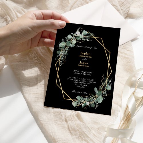 Greenery Gold Geometric Frame Simple Black Wedding Invitation