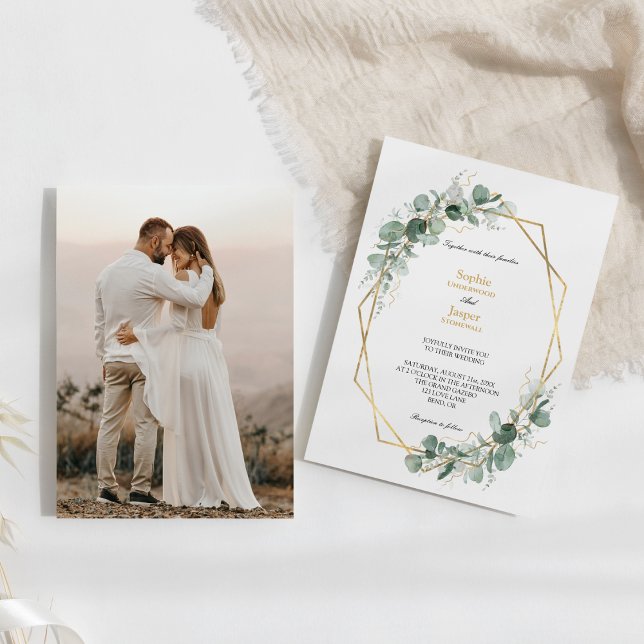 Greenery Gold Geometric Frame Simple Photo Wedding Invitation (Creator Uploaded)