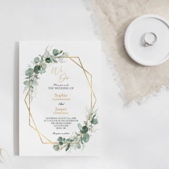 Greenery Gold Geometric Frame Simple We Do Wedding Invitation Zazzle 