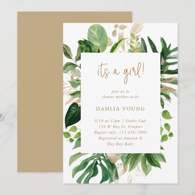 Greenery Gold Geometric Girl Tropical Baby Shower Invitation (Front/Back)