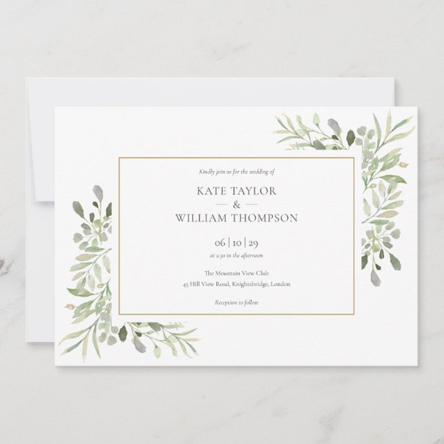 Greenery Gold Geometric Photo Landscape Wedding  Invitation (Front)