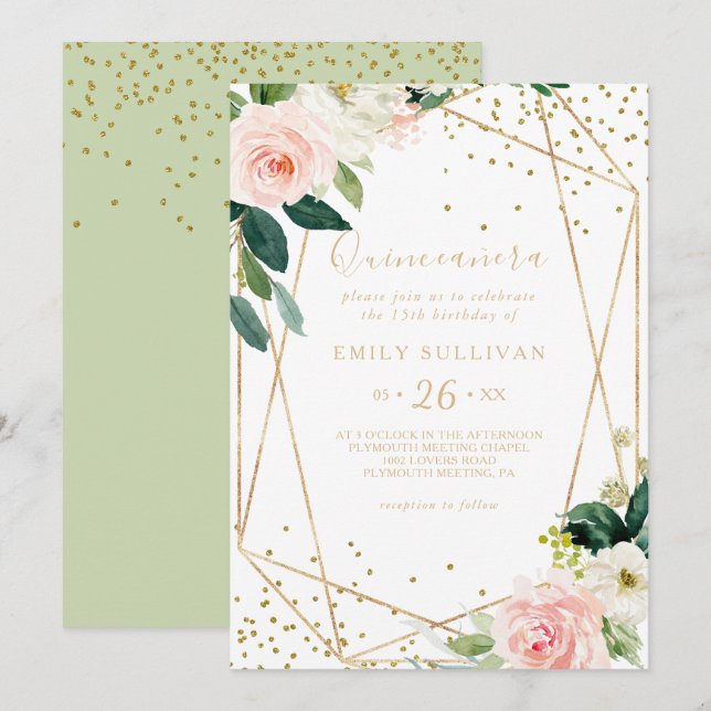 Greenery Gold Geometric Quinceañera Birthday Party Invitation (Front/Back)