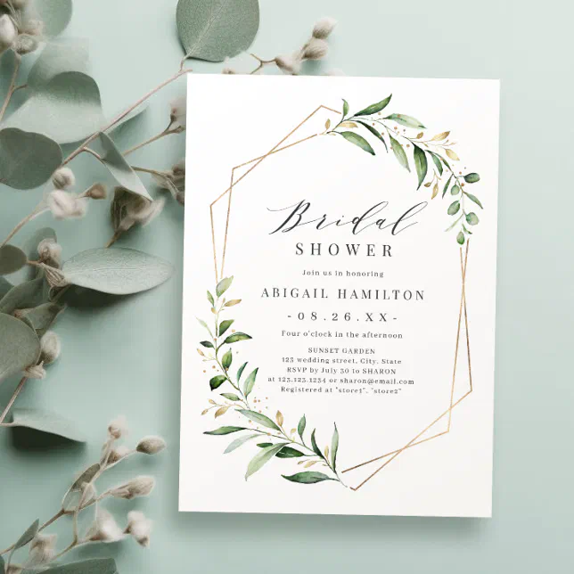 Greenery Gold Geometric Rustic Bridal Shower Invitation | Zazzle