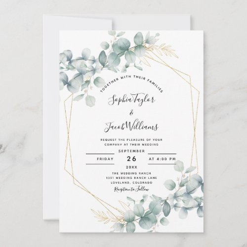 Greenery Gold Geometric Rustic Eucalyptus Wedding Invitation