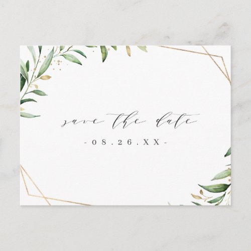 Greenery Gold Geometric Rustic Save The Date Announcement Postcard