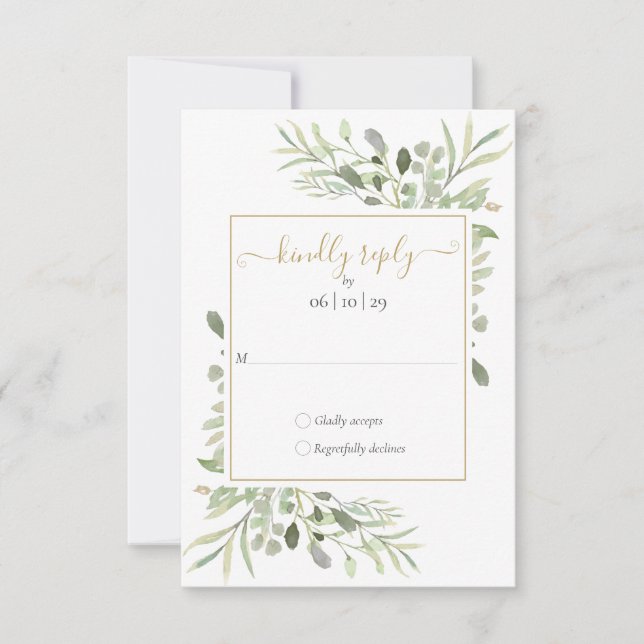 Greenery Gold Geometric Script Wedding  RSVP Card (Front)