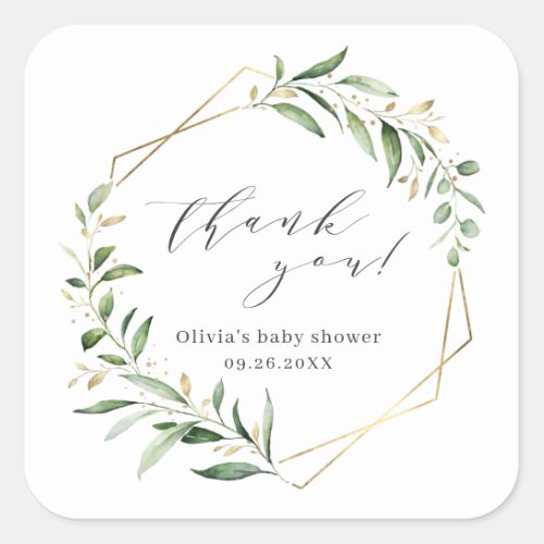 Greenery Gold Geometric Thank You Rustic Baby Show Square Sticker