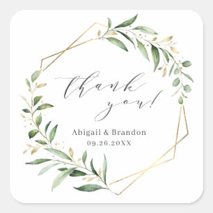 Greenery Gold Geometric Thank You Rustic Wedding Square Sticker