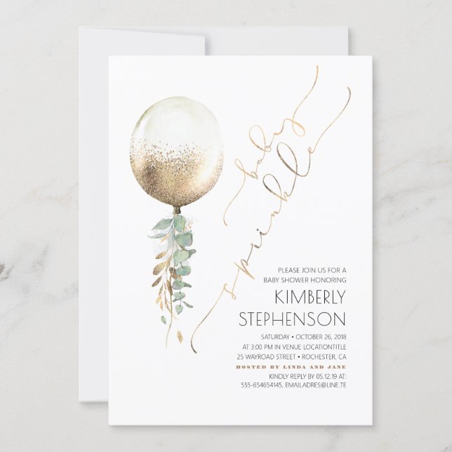 Greenery Gold Glitter Balloon Baby Sprinkle Invitation (Front)