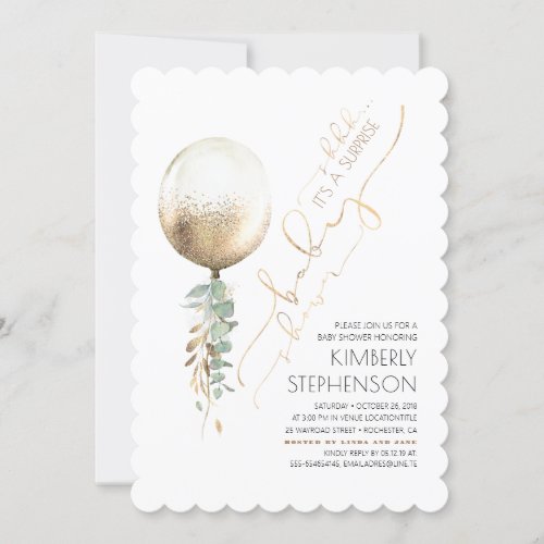 Greenery Gold Glitter Balloon Surprise Baby Shower Invitation