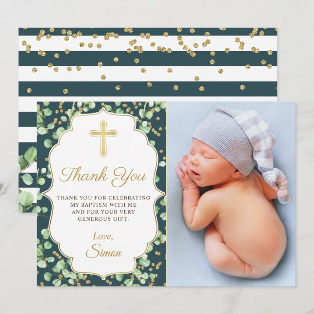 Greenery Gold Glitter Baptism Thank you Card (Front/Back)