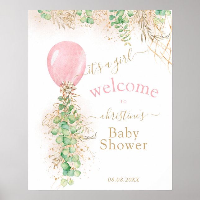 Greenery Gold Glitter Eucalyptus Balloon Welcome Poster (Front)