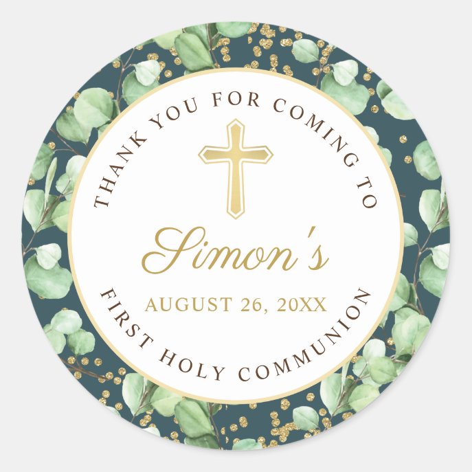 Greenery Gold Glitter First Holy Communion Classic Round Sticker