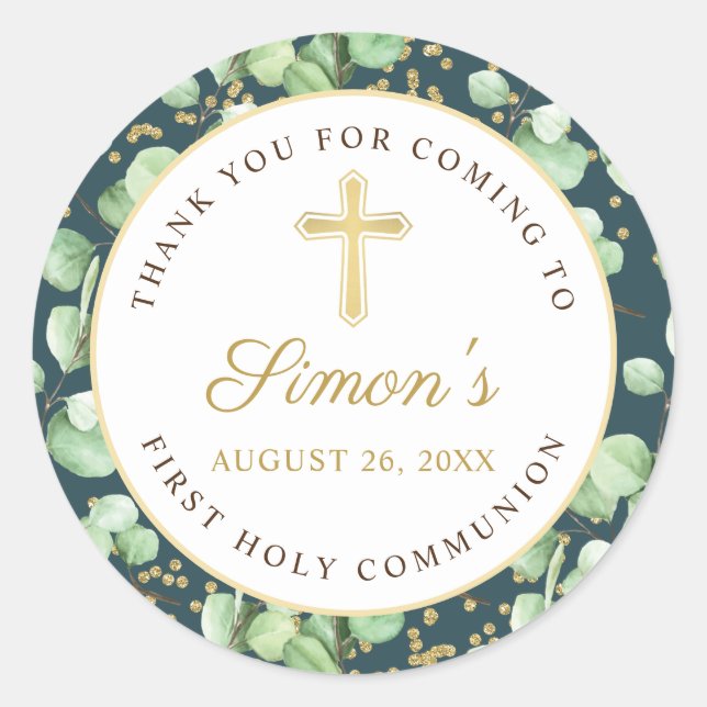 Greenery Gold Glitter First Holy Communion Classic Round Sticker (Front)