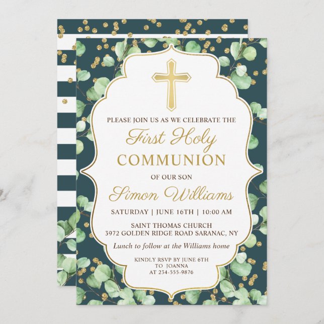 Greenery Gold Glitter First Holy Communion Invitation (Front/Back)