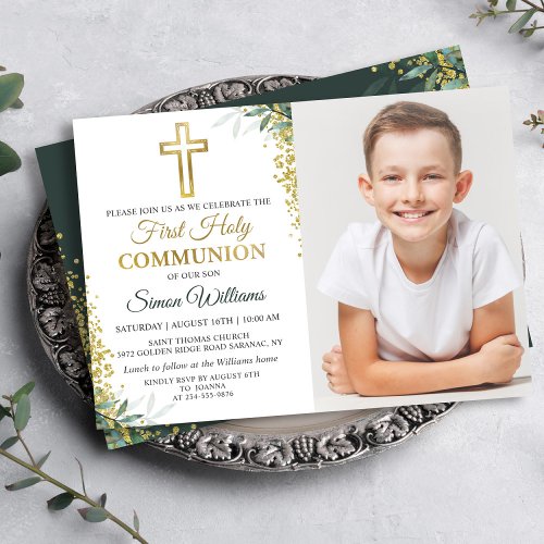 Greenery Gold Glitter First Holy Communion Photo Invitation
