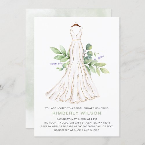 Greenery Gold Glitter Wedding Dress Bridal Shower Invitation
